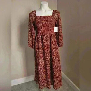 Midi length square neck print dress